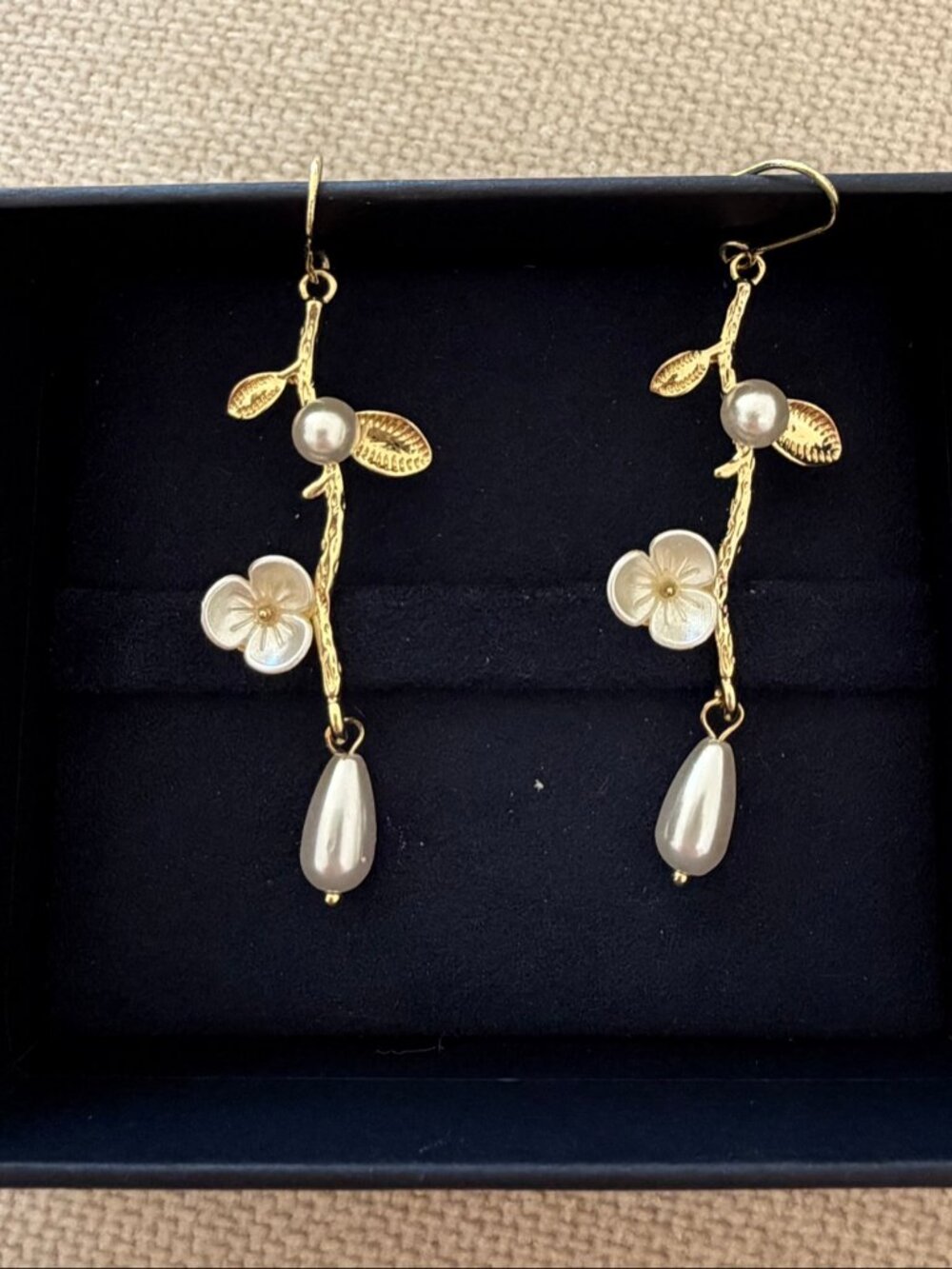 Gold Tone Floral Pearl Drop Earrings